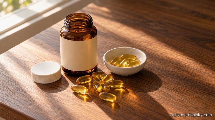 Vitamín D – kto by ho nemal užívať a ako ho dávkovať správne – fľaštička vitamínu D s rozsypanými kapsulami na drevenom stole v slnečnom svetle