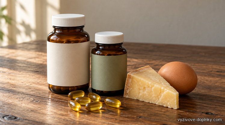 Vitamín D3 a K2 – prečo patria k sebe – dve fľaštičky vitamínu D3 a K2 s kapsulami, kúskom syra a vajcom na drevenom stole